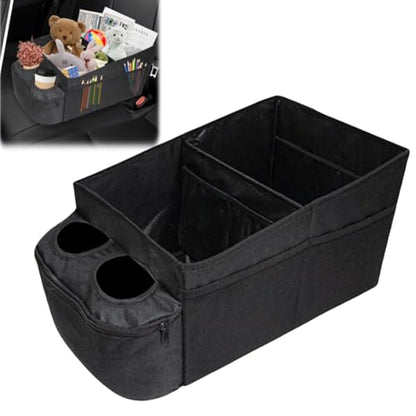 Car Front Seat Organizer for Between Seats, Multi-Compartment Storage Caddy with Dual Cup Holders, Detachable Divider, 600D Oxford Cloth, Road Trip Essentials, Black - size: Double cup holder