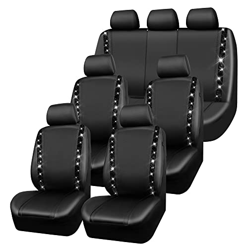 CAR PASS Bling Diamond Car Seat Covers, Shining Rhinestones Waterproof Faux Leather, 7 Seats 3 Rows with Zipper Glitter Crystal Sparkle Strips Universal Fit 95% MPV,SUV,CAR for Women Girl, Black - color: Solid Black Seven Seats, size: Full Set