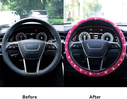 Bling Steering Wheel Cover, Rhinestone Steering Wheel Cover with Crystal Diamond for Women, Sparkling Car Wheel Protector Universal Fit 14-15 inches - Hot Pink - color: pink