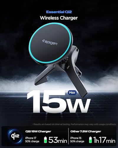 Spigen Essential MagFit Qi2 Ultra-Thin 15W MagSafe Car Mount Charger with Airboost™ & Dimmed RGB Lights Wireless Car Charger Mount Compatible with iPhone 17e, 17 Pro Max, 17 Pro, 17 16 15 14 13 12 - size: 15W Qi 2 Ultra Slim