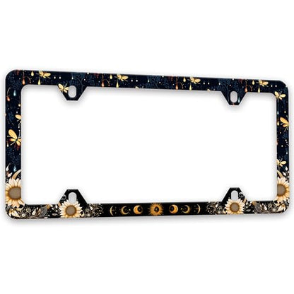 Moon Phase License Plate Frame Night Dream Butterfly Sunflower License Plate Holders Funny Auto Accessory Bracket Stainless Steel License Plate Frames with Screws for Women Men 6x12 Inch 4 Holes - color: Moon Phase
