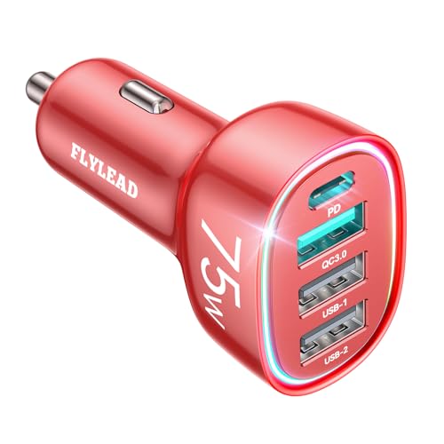 75W Car Charger USB C, 4 Port Super Fast Cigarette Lighter USB Charger, Type C 60W & QC 3.0 Multiport Car Phone Adapter Accessories for iPhone 17/16/15/14/13/12 Pro Samsung S26 Series, Android, Red - color: Red