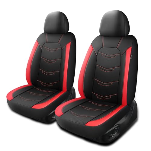 HChengkikz Car Seat Covers, Leather Seat Covers, Breathable and Sporty Car Seat Cover, Universal Fit Automotive Seat Covers for Truck Cars Sedan and SUV (2 Pieces, Front Seat, Black+Red, N2) - color: Black Red, size: Front Seat