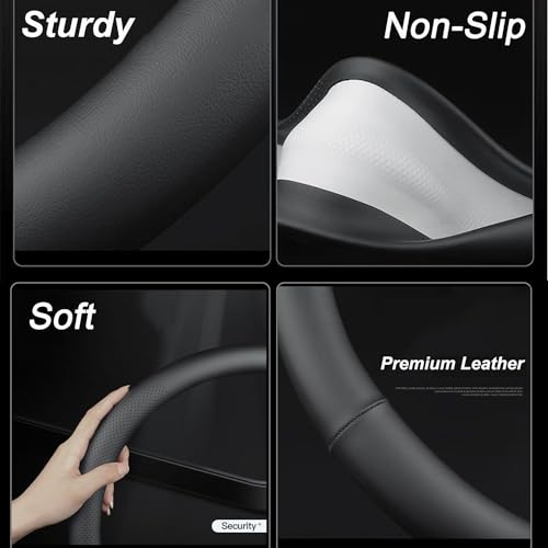 XHRING Car Steering Wheel Cover for Toyota Tacoma 2012-2026 Tundra 2000-2026 4Runner 10-2026 Sequoia 14-2026 2/4 Door SR5 Trail Limited Platinum TRD Pro Off Road 4x4 Sport Accessories, Leather Black L