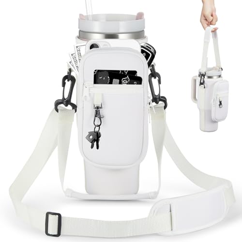 BULKITEM Water Bottle Carrier Bag with Phone Pocket for Stanley 40 & 30 oz Tumbler with Handle,Pink Insulated Neoprene Cup Holder Pouch w/Adjustable Strap for Quencher H2.0 Stanley Cup Accessories - color: Cream white, size: 40oz