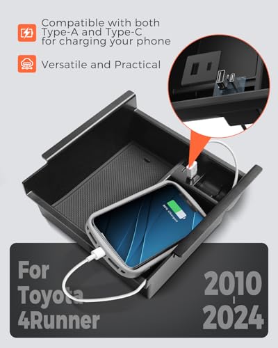 DrCarNow Upgrade for Toyota 4Runner Center Console Organizer Tray with USB Port 2010-2023 2024, Secondary Insert Storage Armrest Box ABS Black Materials for 4Runner 2010-2024 5th Gen Car Accessories