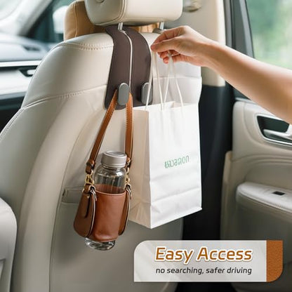 Car Seat Headrest Hooks - 2 Pack Universal Car Purse Hook, Leather Car Bag Purse Holder with Double Metal Hooks for Handbags, Grocery Bags, Bottles, Phones - color: Brown