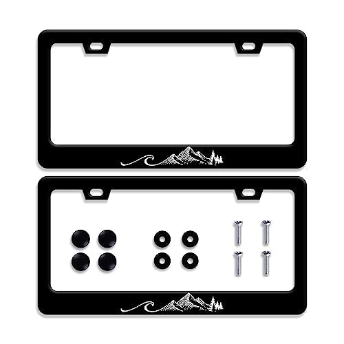 2Pcs Waves License Plate Frame Ocean Wave License Plate Stainless Steel Auto Parts Funny License Plate Decorative with Screws Size 12.3" x 6.3" for Women Men - color: 【2Pcs】Mountains Waves
