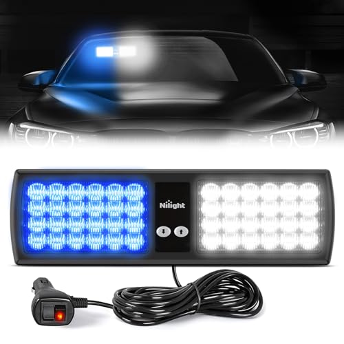 Nilight Blue White 48LED Visor Strobe Lights Interior Windshield Emergency Warning Light Super Bright LED for Police Enforcement Firefighters Vehicle Trucks - color: Blue and White