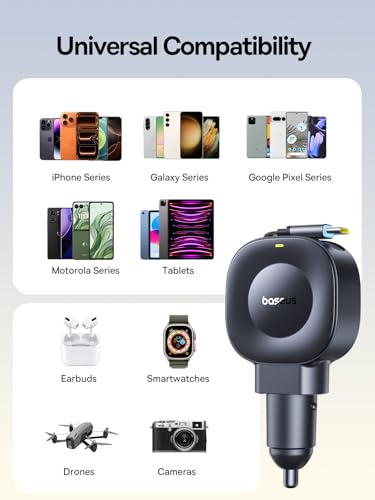 Baseus Ultra-Mini Retractable Car Charger USB C, 60W Fast Charging Car Charger with Retractable USB C Cable for iPhone 17 16 15 Pro Max, Samsung Galaxy S25 Ultra, Android, iPad, AirPods - color: 60W