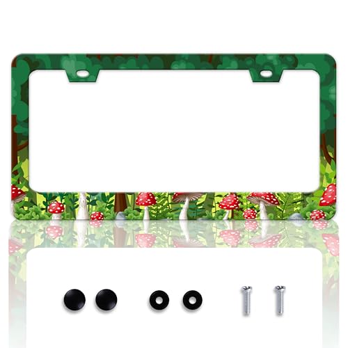 Red Mushrooms License Plate Frame Forest License Plate Holder Personalise Stainless Steel Funny Design Compatible with Standard License Plate Frames for USA and Canada 6 X 12 Inch 2 Holes with Screws - color: Red Mushrooms