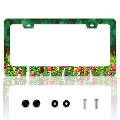 Red Mushrooms License Plate Frame Forest License Plate Holder Personalise Stainless Steel Funny Design Compatible with Standard License Plate Frames for USA and Canada 6 X 12 Inch 2 Holes with Screws - color: Red Mushrooms