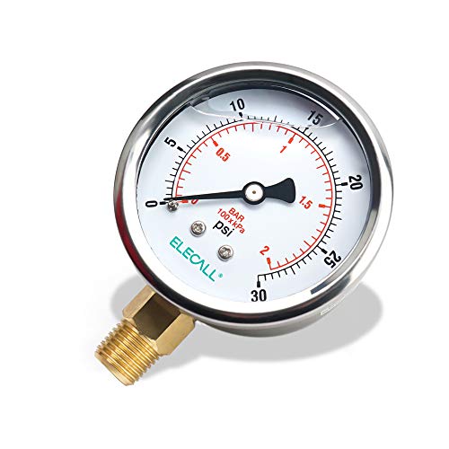 2-1/2” Glycerin Liquid Filled Air Pressure Gauge, 0-30Psi, 1/4”NPT Lower Mount, Stainless Steel Case, Brass Internals, Water Pressure Gauge - size: 0-30 Psi