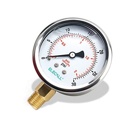 2-1/2” Glycerin Liquid Filled Air Pressure Gauge, 0-30Psi, 1/4”NPT Lower Mount, Stainless Steel Case, Brass Internals, Water Pressure Gauge - size: 0-30 Psi