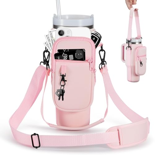 BULKITEM Water Bottle Carrier Bag with Phone Pocket for Stanley 40 & 30 oz Tumbler with Handle,Pink Insulated Neoprene Cup Holder Pouch w/Adjustable Strap for Quencher H2.0 Stanley Cup Accessories - color: Rose Quartz, size: 30oz