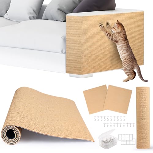 4pack Cat Scratch Couch Furniture and Wall Protector | Adhesive Cat Scratch Pad for Covering Cat Tower, DIY Climbing Cat Scratcher Couch Protector from Cat Claws Scratching (Khaki) - color: Khaki, size: 4 Pack
