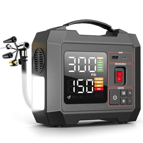 Portable Heavy-Duty Tire Inflator for Pickup Truck,RV, 300PSI Air Compressor, 9X Faster Inflator with 3.7 inch Digital Gauge. 5 Safety Protections and Cooling System for Truck, SUV, Compact Cars