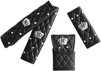 Queen Seat Safety Belt Pads - Leather Crystal Handbrake Cover - Bling Tiara Gear Crown Shift Stick Protector, for Girls Women or Ladies(4Pcs) - color: 1.1 Crown Bundle
