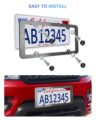 Carbon Fiber License Plate Frames- Black Plastic Car Tag Holder, 2 Pack 4 Hole Slim Edge Front Rear Bracket with Screw Caps and Car Door Handle Stickers - style: Black-Slim Frame