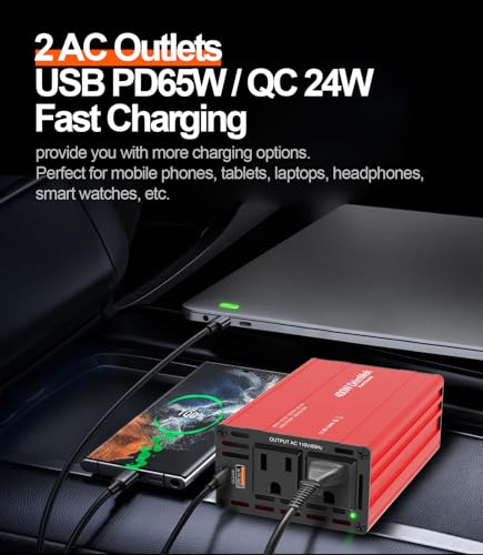 400W Car Power Inverter - Dual DC 12V to 110V AC Car Plug Adapter Outlets, Fast Charging USB C 65W & 24W Port, Power Inverters for Vehicles, Laptop Car Charger, Road Trips - color: RED