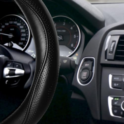HAOKAY Top Grade Black Genuine Leather Steering Wheel Cover Men Women, Luxury Steering Wheel Cover for Cars, SUVS and Trucks，Universal 14.5-15 inch - color: BLACK