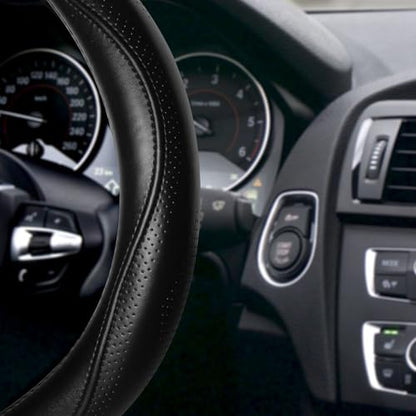 HAOKAY Top Grade Black Genuine Leather Steering Wheel Cover Men Women, Luxury Steering Wheel Cover for Cars, SUVS and Trucks，Universal 14.5-15 inch - color: BLACK