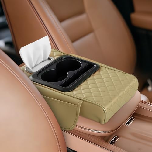 5-in-1 Car Armrest Cushion, Multifunctional PVC Leather Center Console Armrest Pillow Elbow, Universal Arm Box Pad Cover with Cup Holder, Phone Slot, Tissue Box Slot & 2 Storage Bags, Beige - color: Beige