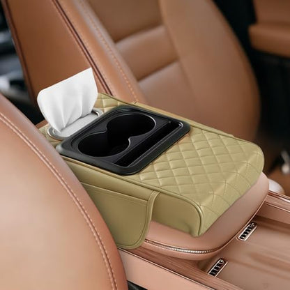 5-in-1 Car Armrest Cushion, Multifunctional PVC Leather Center Console Armrest Pillow Elbow, Universal Arm Box Pad Cover with Cup Holder, Phone Slot, Tissue Box Slot & 2 Storage Bags, Beige - color: Beige