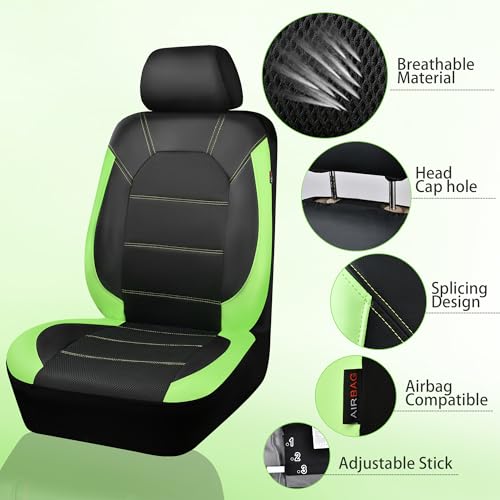 CAR PASS Luminous Green Leather seat Covers Universal Sport car seat Cover, 5mm Composite Sponge Inside, Airbag Compatible fits Most Cars, SUVs,Trucks,Vans (Full Set,Black with Green) - color: Black Green, size: Full Set