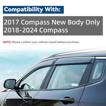 4pcs Vent Window Visors Compatible with 2017/2018-2024 Compass New Body,Outside Mount Style Sun Rain Guard,Smoke Tint with Chrome Trim - size: For 2017-2024 Jeep Compass