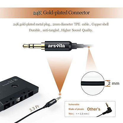 arsvita Car Audio Cassette to Aux Adapter, 3.5 MM Auxillary Cable Tape Adapter