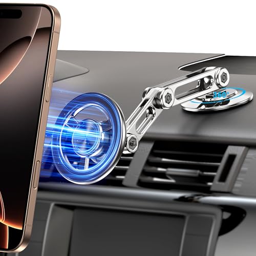 Ultra Magnetic Long-Arm Phone Holder Stand, Fits for MagSafe Car Mount Bracket【Windshield+Vent+Dash】, 360° Rotation Adjustable Strong Magnet Car Mount Desk Office Phone Cradle Holder, Silver - color: Silver