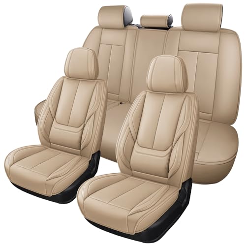 MINGBRON Car Seat Covers Full Set,Black Beige Car Seat Cover, Car Seat Protector Waterproof, Nappa Leather Car Seat Cushion, Fit for Most Cars - color: Beige, size: 5 Seat Covers (Front & Rear)