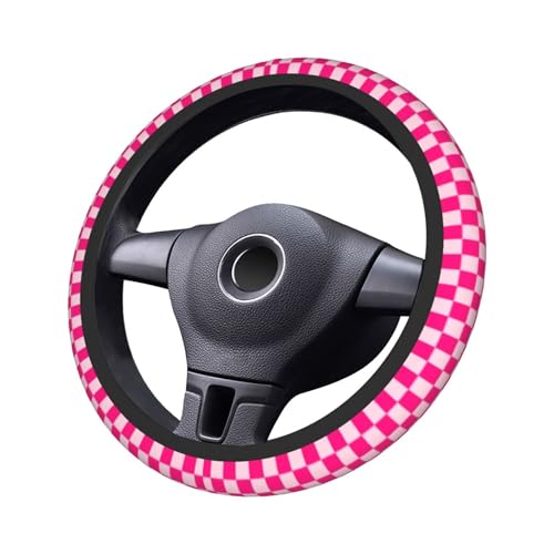 Chessboard Pink Steering Wheel Cover Pink Chessboard Steering Wheel Cover Racing Flag Breathable Universal for 15 Inch Anti-Slip Car with 2 Pieces Car Coasters Suitable for Men Women Chessboards - color: Chessboard pink