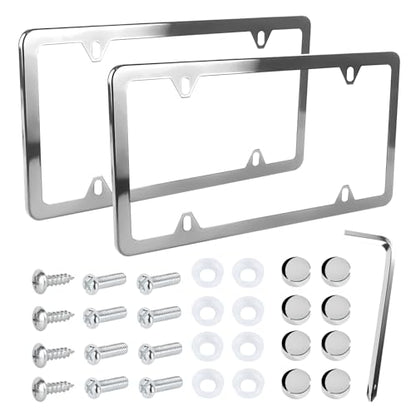 Wuyaoyao 2PCS Car License Plate Frames, 4 Holes Stainless Steel License Plate Frame, Slim License Plates Cover Holder with Screws Bolts Caps Washers, Universal Exterior Car Accessories (Silver) - color: Silver