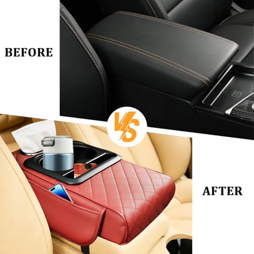 Car Center Console Armrest Box Mat, Nappa Leather Armrest Box Cover with Tissue Box, Cup Holder & Phone Holder, Middle Console Arm Rest Protection Pillow, Universal for Vehicles (Red) - color: Red