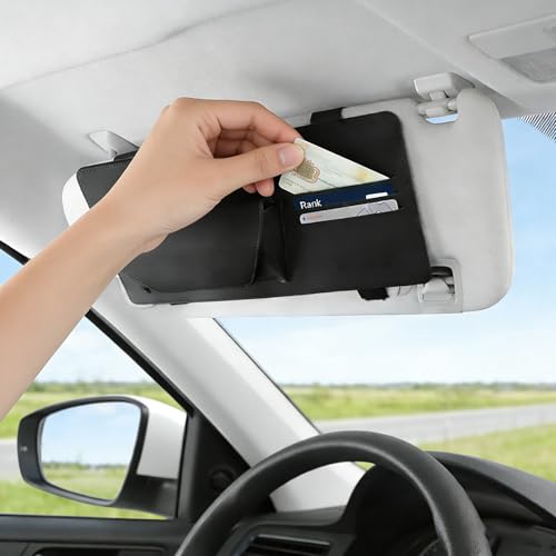 Sun Visor Extender for Car, Polarized UV400 Car Visor Sun Blocker, Adjustable Clip On Visor Extension with Sunglasses Holder & Card Slots, Leather Storage Holder for Universal Cars, Black