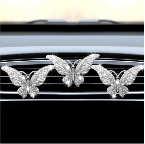 3PCS Bling Butterfly Car Vent Clip, Rhinestone Car Dashboard Air Vent Trim Clips, Auto Air Fresheners Outlet Clip, Auto Interior Diffuser Decoration Accessories for Women Present (White) - size: White