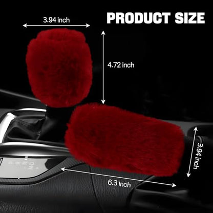 Hovom 2PCS Fluffy Car Gear Shift Knob Cover & Handbrake Cover, Soft Plush Hand Brake Handle & Gear Shift Cover for Women Girls, Universal Comfortable Warm Furry Car Accessories (Wine Red) - color: Wine Red