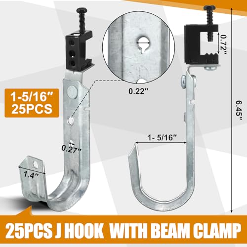 Blulu 25 Pcs Cable Support J Hook with Beam Clam Swivel Heavy Duty Metal Hangers for J Hook Hanging Cable Management Organizing Wire G60 Galvanized Steel (1-5/16 Inch) - size: 1-5/16 Inch