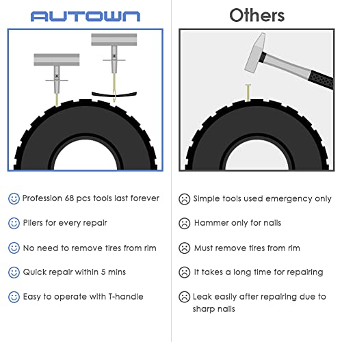 AUTOWN Tire Repair Kit - 68pcs Heavy Duty Tire Plug Kit, Universal Tire Repair Tools to Fix Punctures and Plug Flats Patch Kit for car Motorcycle, Truck, ARB，ATV, Tractor, RV, SUV, Trailer - size: 67pcs