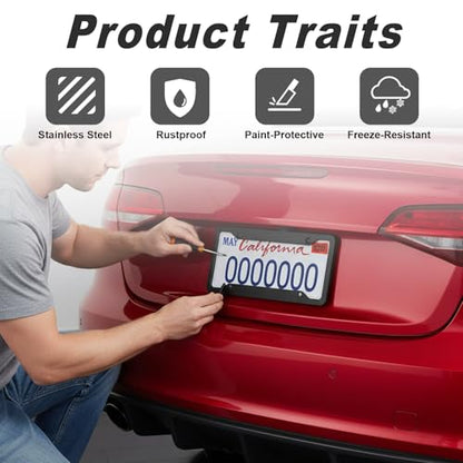 2 Pack Black License Plate Frames - Heavy Duty Stainless Steel Car License Plate Frame with 4 Holes, Rattle Proof Rustproof with Mounting Screws & Caps for Front Rear Cars - color: Matte Black, size: 4 Holes