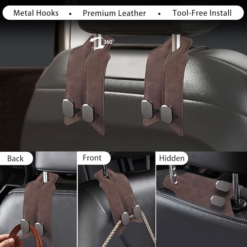 2Pcs Car Headrest Hooks with Premium Leather, Upgraded Double Metal Hooks with Anti-Drop Design, Universal Back Seat Hanger for Bags, Coats, Purses and Groceries (Classic Brown) - color: Classic Brown 2Pcs