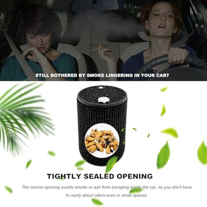 Bling Car Ashtray with Lid, Rhinestones Fireproof Auto Cup Holder Cigarette Ash Tray, Smokeless Crystal Diamond Ashtray Mini Trash Can for Women Girls, Car Accessories (Black) - color: Black