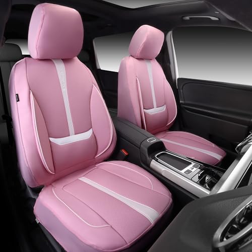 CAR PASS Nappa Leather Car Seat Covers, Cute Girly Water Resistant 3D Foam Faux Leather Seat Covers, Lumbar Support Automotive Seat Covers 2 Front Seats, Universal Fit for Cars SUV, Cute Pink White - color: Pink and White, size: Two Front