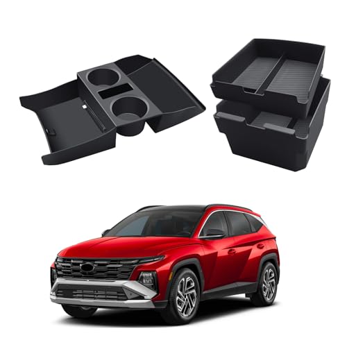 2026 Tucson Center Console Organizer - 2 Pcs Double-Layer Armrest Box Organizer+Lower Center Console Tray for 2025-2026 Tucson(Limited)/Tucson Hybrid - ONLY Fit 2025-2026 Tucson with Electronic Shift - color: 2025-2026 Tucson Organizer Set-Electronic