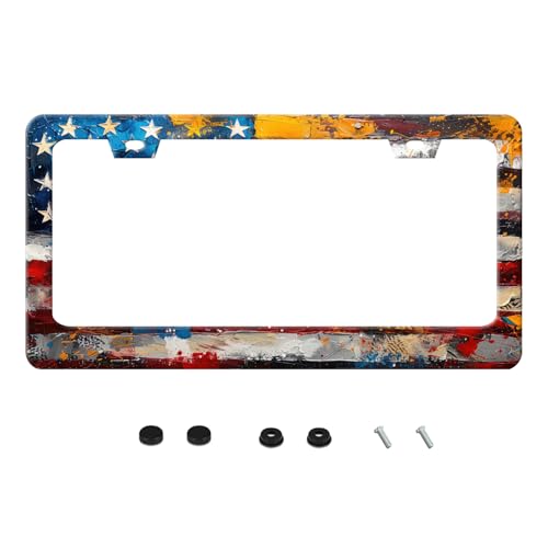Vintage American Flag License Plate Frame Funny Stainless Steel USA Flag Patriotic License Plate Frames Auto Parts Decoration with Screws License Plate Holder for Men Women 12x6 Inch - color: Vintage American Flag, size: one size