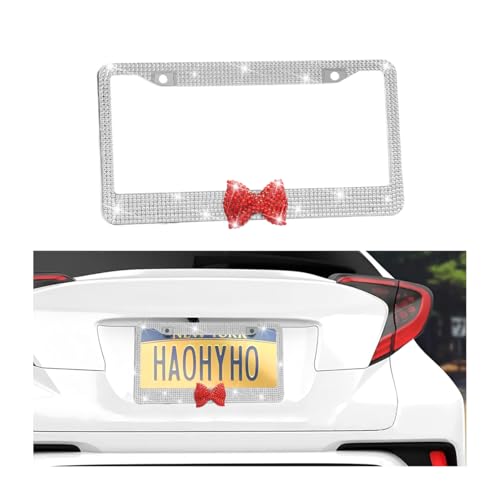 Bling Bow Car License Plate Frame, 2PCS Sparkly Rhinestone Vehicle License Plate Cover for Women Girls, Diamond Automotive Front Rear Number Tag Holder, Universal for SUV RV (White/Red) - color: White/Red