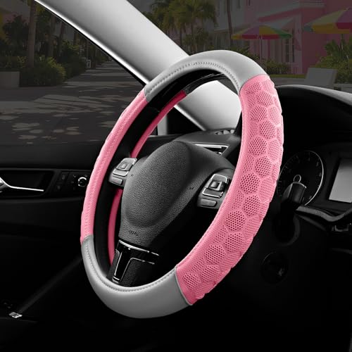 PIC AUTO Massage Steering Wheel Cover, Pink Football Pattern Material Spliced & Gray Leather Car Steering Wheel Cover, Car Steering Cover, Universal Fit 14.5"-15.5" for Cars, Trucks, Van, SUVs - color: Pink Gray