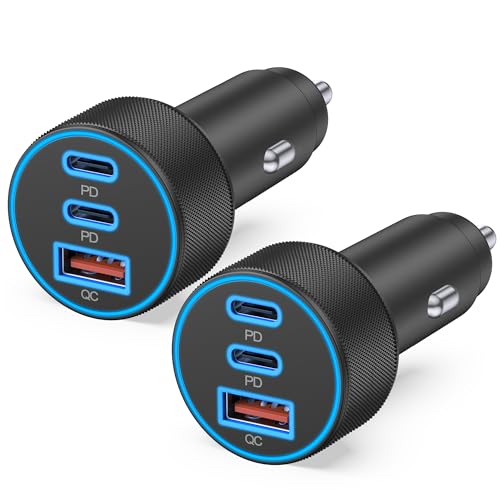 67W USB C Car Charger Super Fast Charging, 2Pack 3-Port 12-24V Car Accessories Phone Cigarette Lighter Adapter with USB C PD&QC 3.0 Fast Charger for iPhone 17 16 15 14 13 12 11 Pro Max, iPad, Galaxy